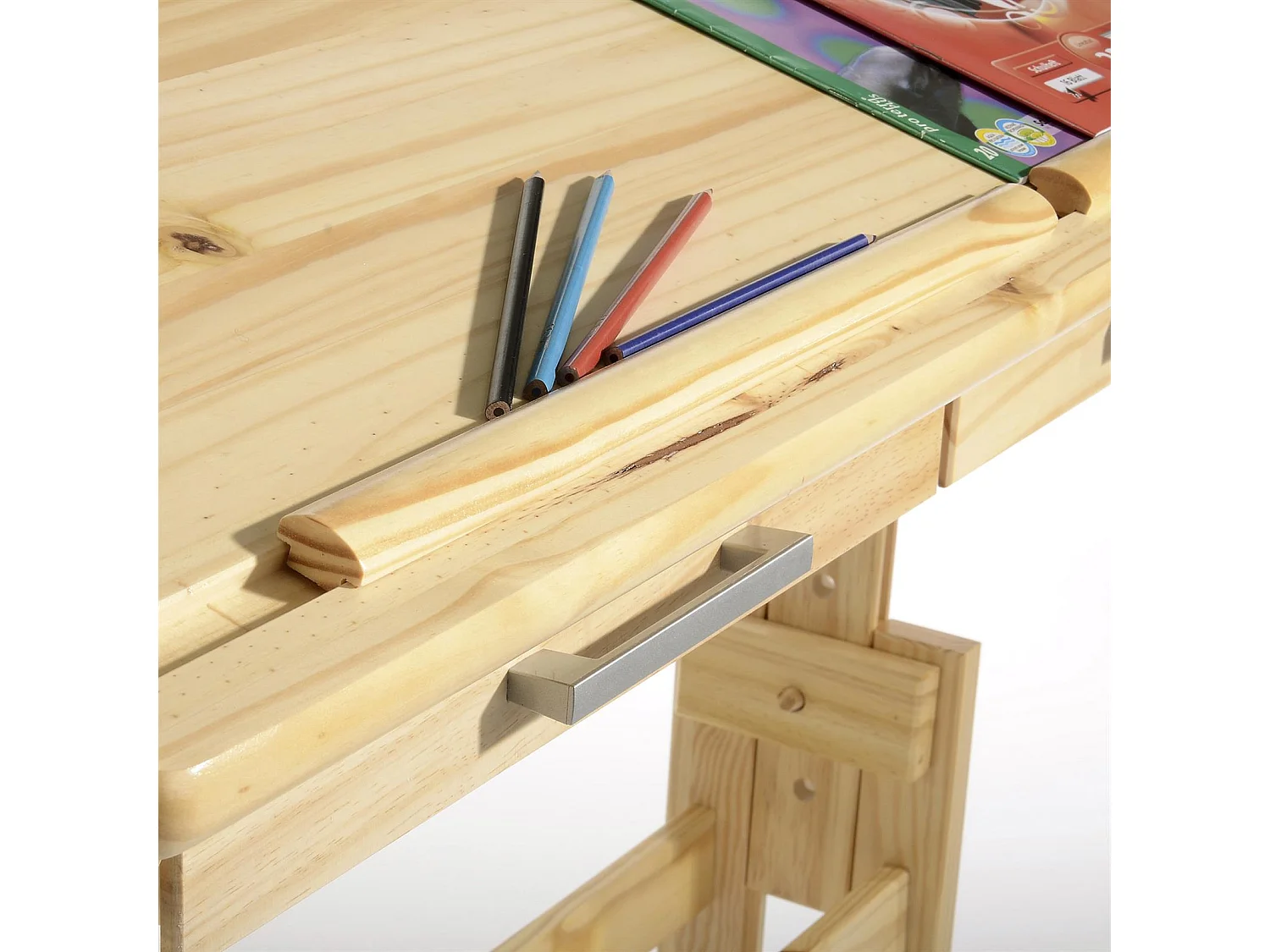 Bureau enfant écolier junior OLIVIA table à dessin réglable en hauteur et pupitre inclinable avec 2 tiroirs en pin massif naturel