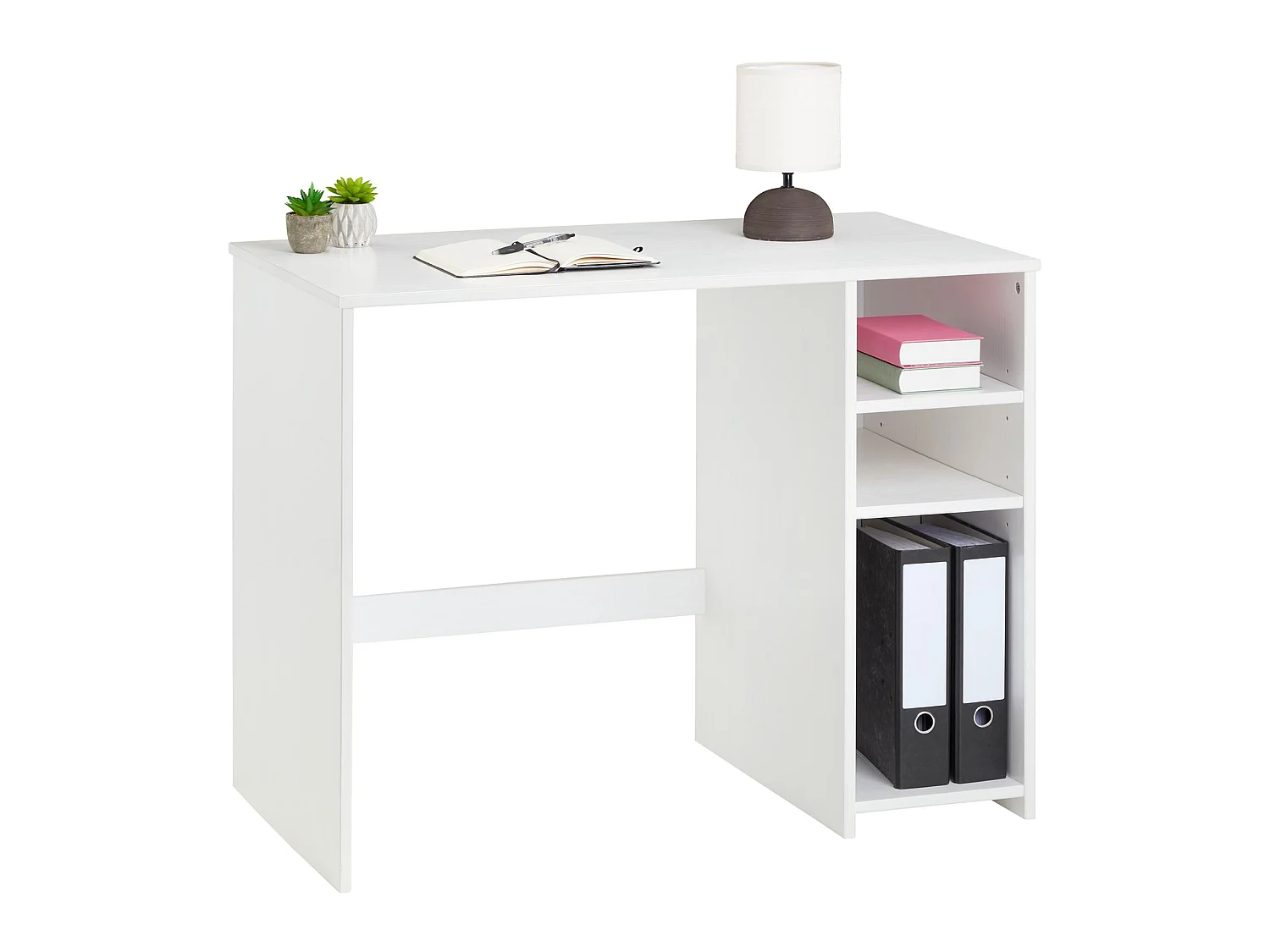Bureau LIAM avec rangement caisson avec 2 étagères réglables en hauteur, en pin massif lasuré blanc