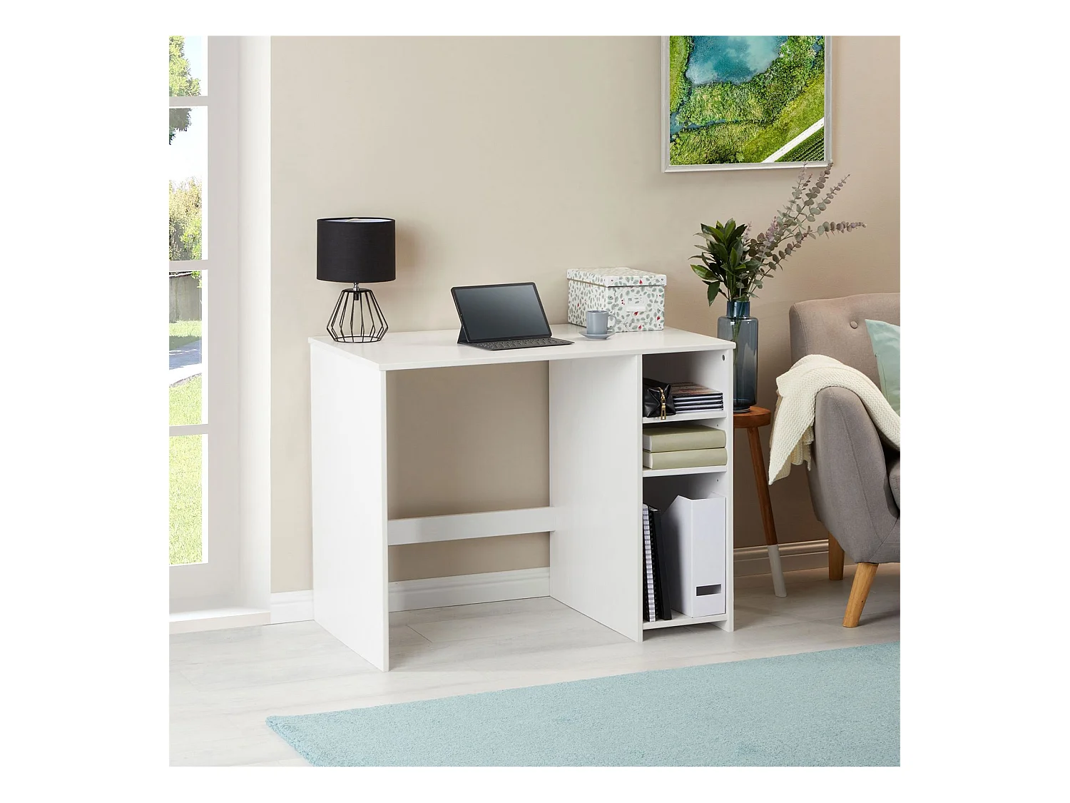 Bureau LIAM avec rangement caisson avec 2 étagères réglables en hauteur, en pin massif lasuré blanc