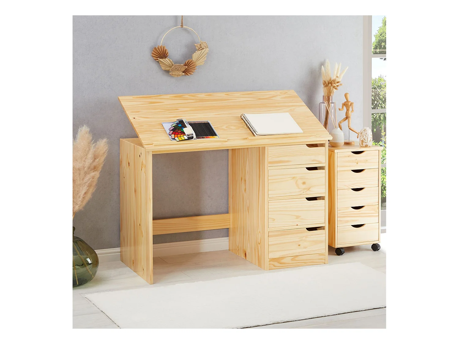 Bureau enfant écolier junior EMMA pupitre inclinable avec 4 tiroirs en pin massif naturel