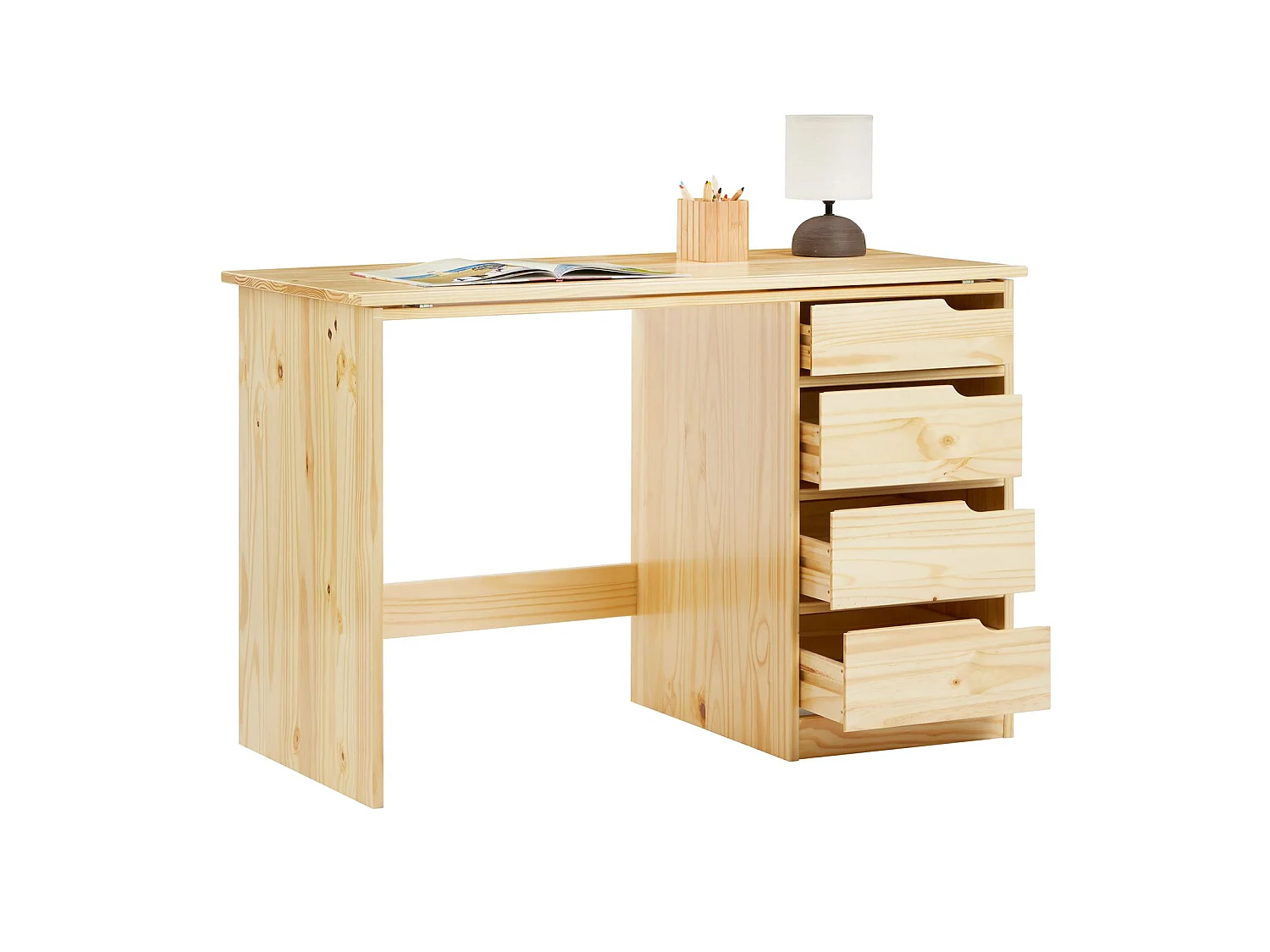 Bureau enfant écolier junior EMMA pupitre inclinable avec 4 tiroirs en pin massif naturel