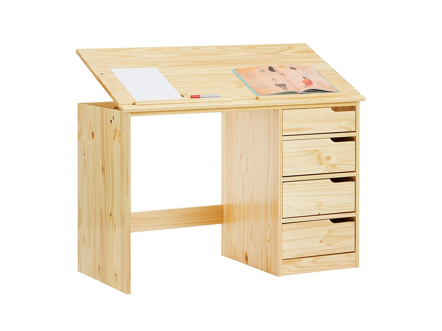 Bureau enfant écolier junior EMMA pupitre inclinable avec 4 tiroirs en pin massif naturel