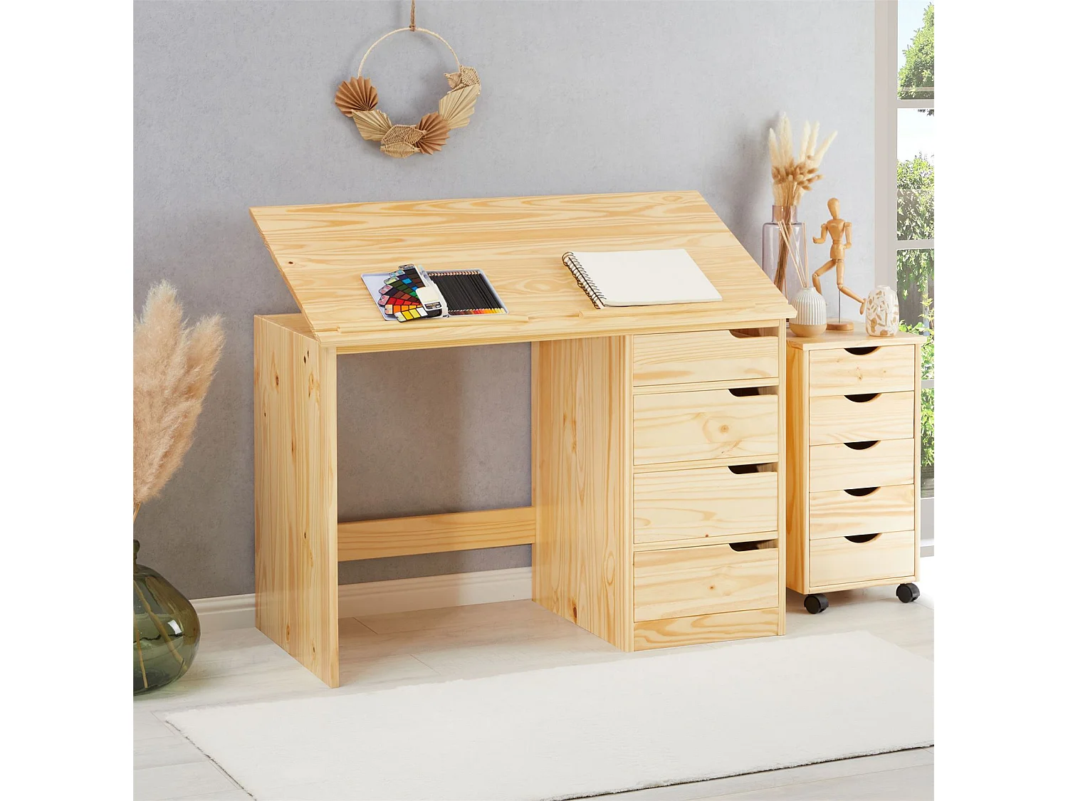 Bureau enfant écolier junior EMMA pupitre inclinable avec 4 tiroirs en pin massif naturel