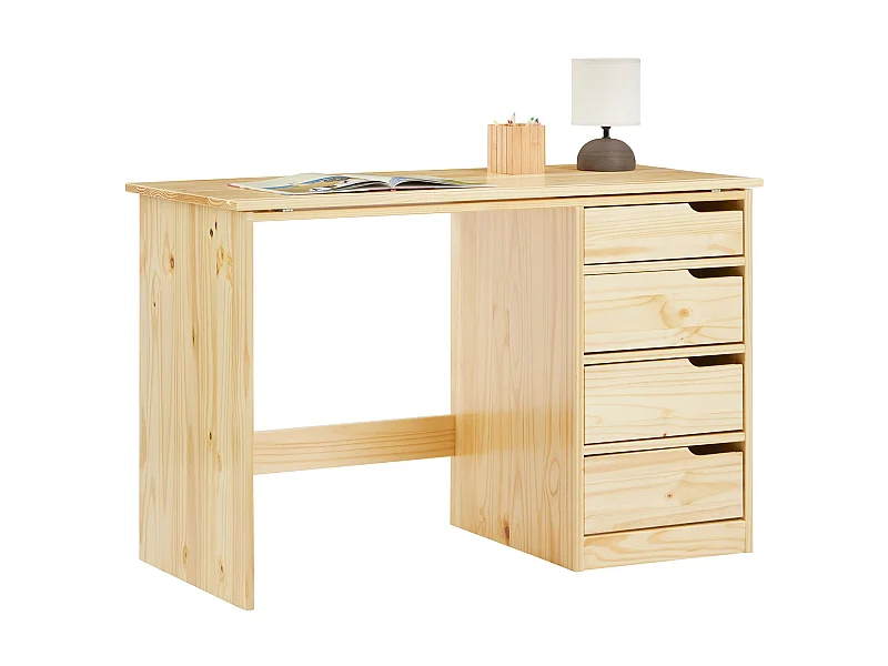 Bureau enfant écolier junior EMMA pupitre inclinable avec 4 tiroirs en pin massif naturel