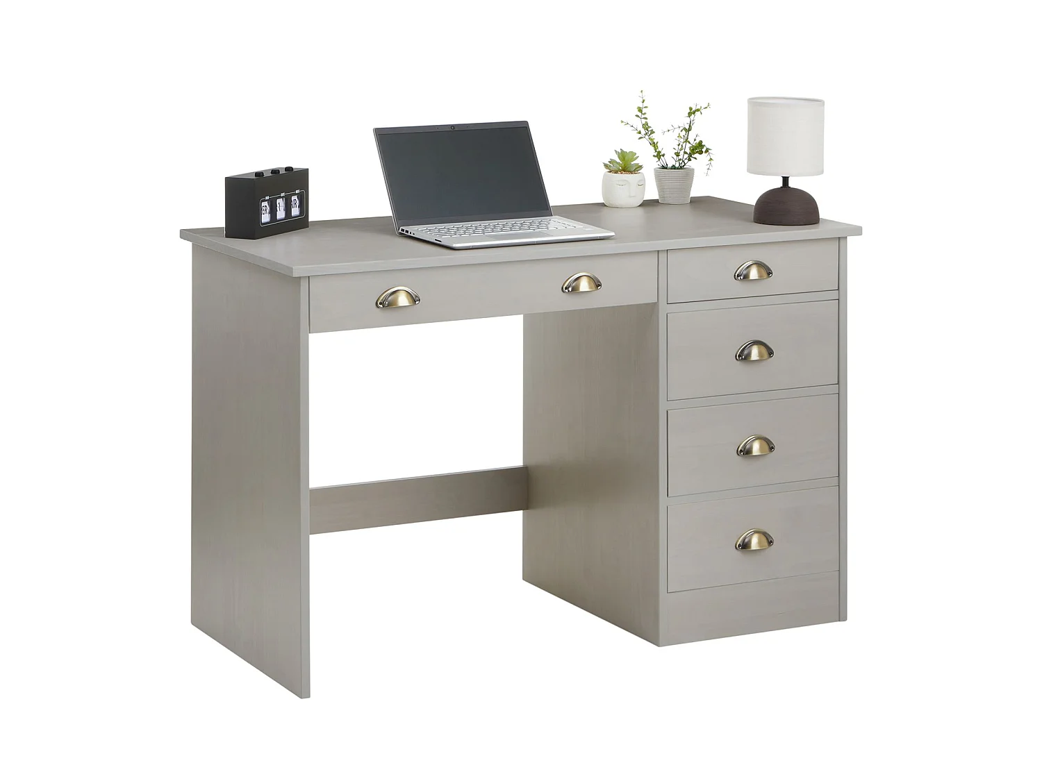 Bureau LANA avec rangement 5 tiroirs et poignées en forme de coquille, en pin massif lasuré gris