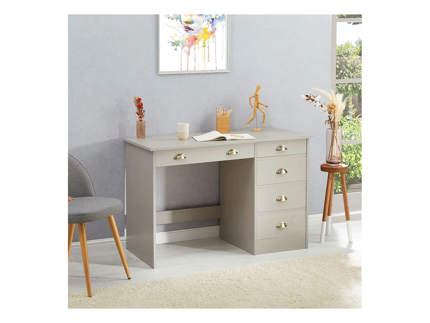 Bureau LANA avec rangement 5 tiroirs et poignées en forme de coquille, en pin massif lasuré gris