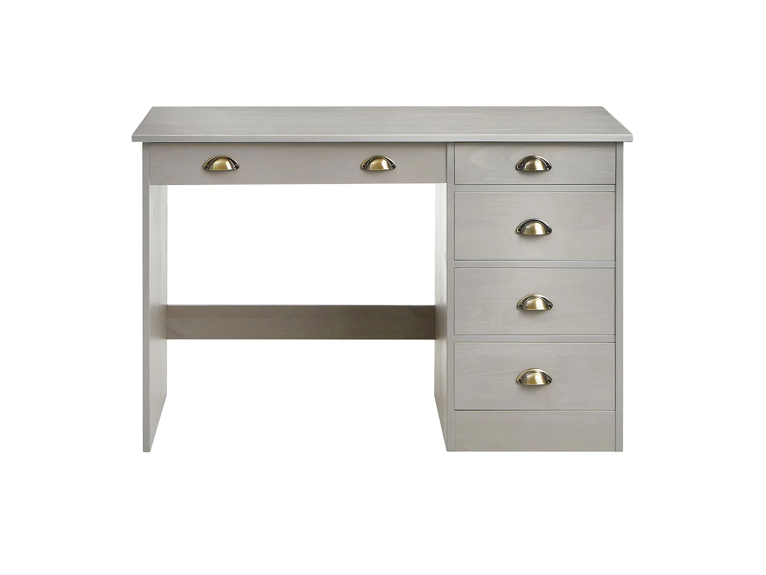 Bureau LANA avec rangement 5 tiroirs et poignées en forme de coquille, en pin massif lasuré gris