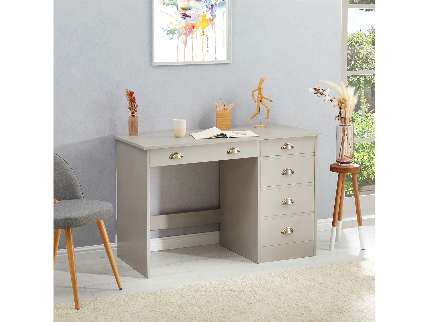 Bureau LANA avec rangement 5 tiroirs et poignées en forme de coquille, en pin massif lasuré gris