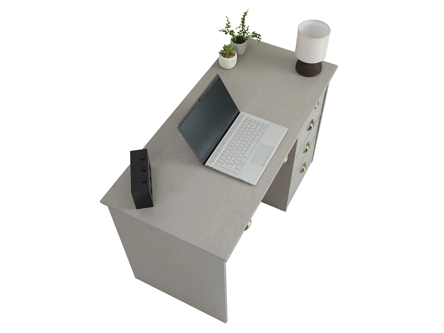 Bureau LANA avec rangement 5 tiroirs et poignées en forme de coquille, en pin massif lasuré gris