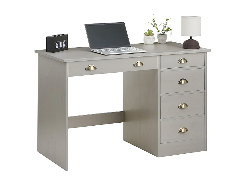 Bureau LANA avec rangement 5 tiroirs et poignées en forme de coquille, en pin massif lasuré gris