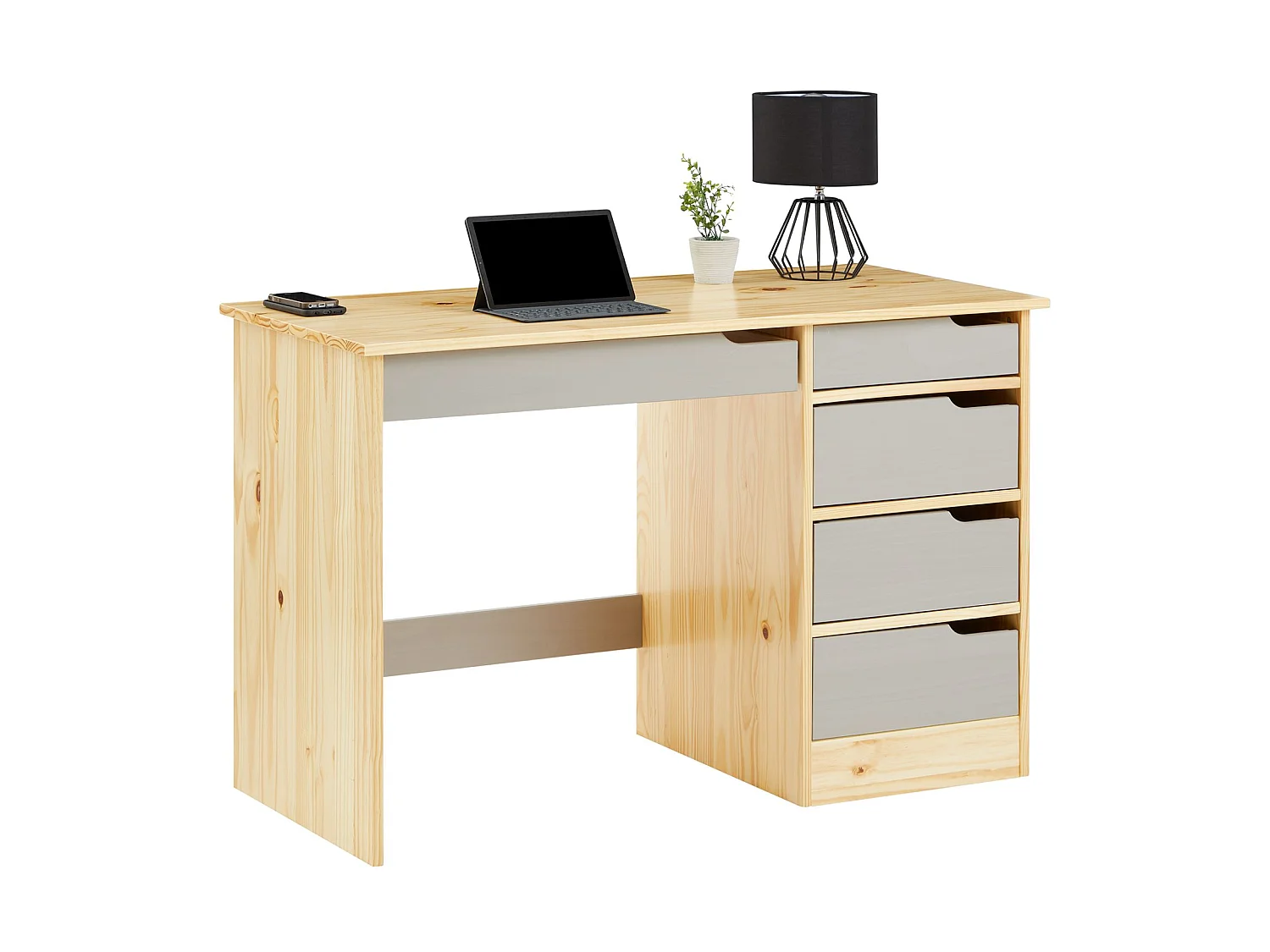 Bureau HUGO avec rangement 5 tiroirs style scandinave en pin massif vernis naturel et lasuré gris