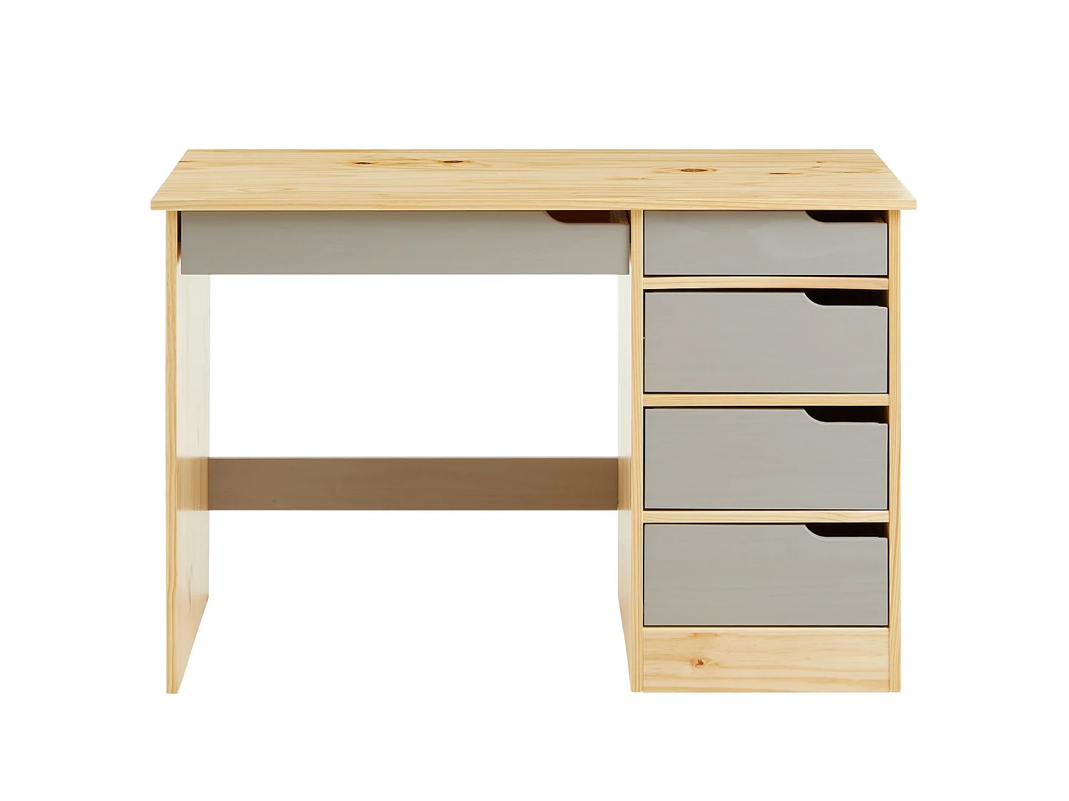 Bureau HUGO avec rangement 5 tiroirs style scandinave en pin massif vernis naturel et lasuré gris