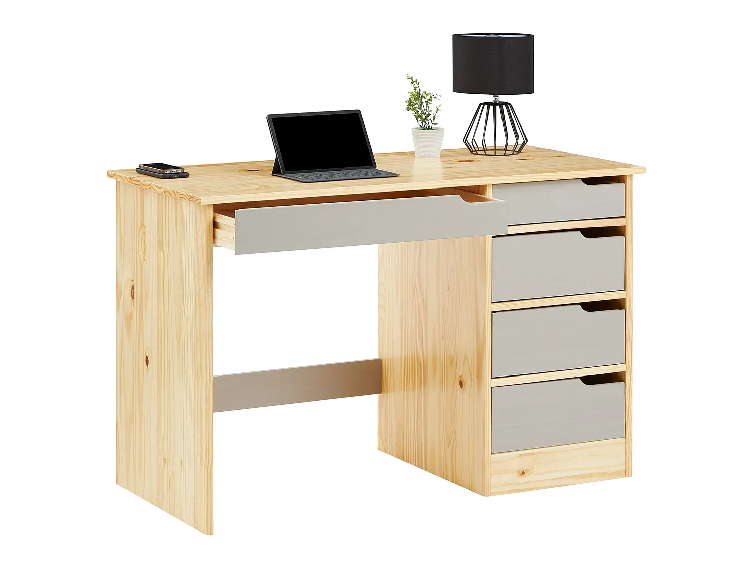 Bureau HUGO avec rangement 5 tiroirs style scandinave en pin massif vernis naturel et lasuré gris