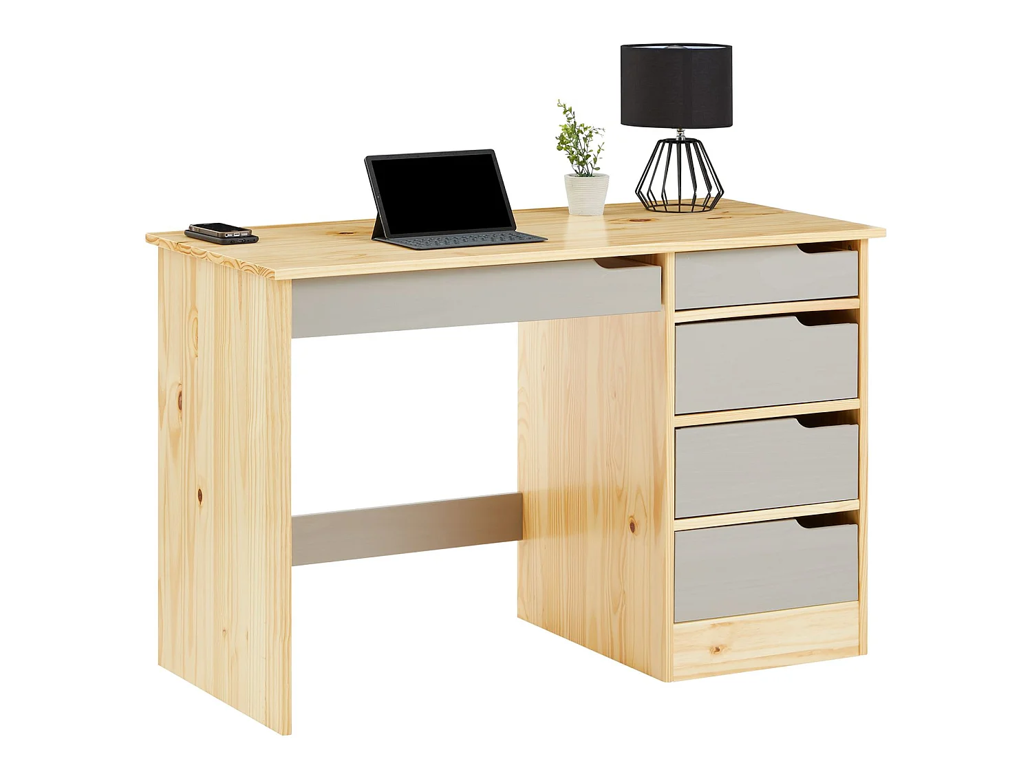 Bureau HUGO avec rangement 5 tiroirs style scandinave en pin massif vernis naturel et lasuré gris