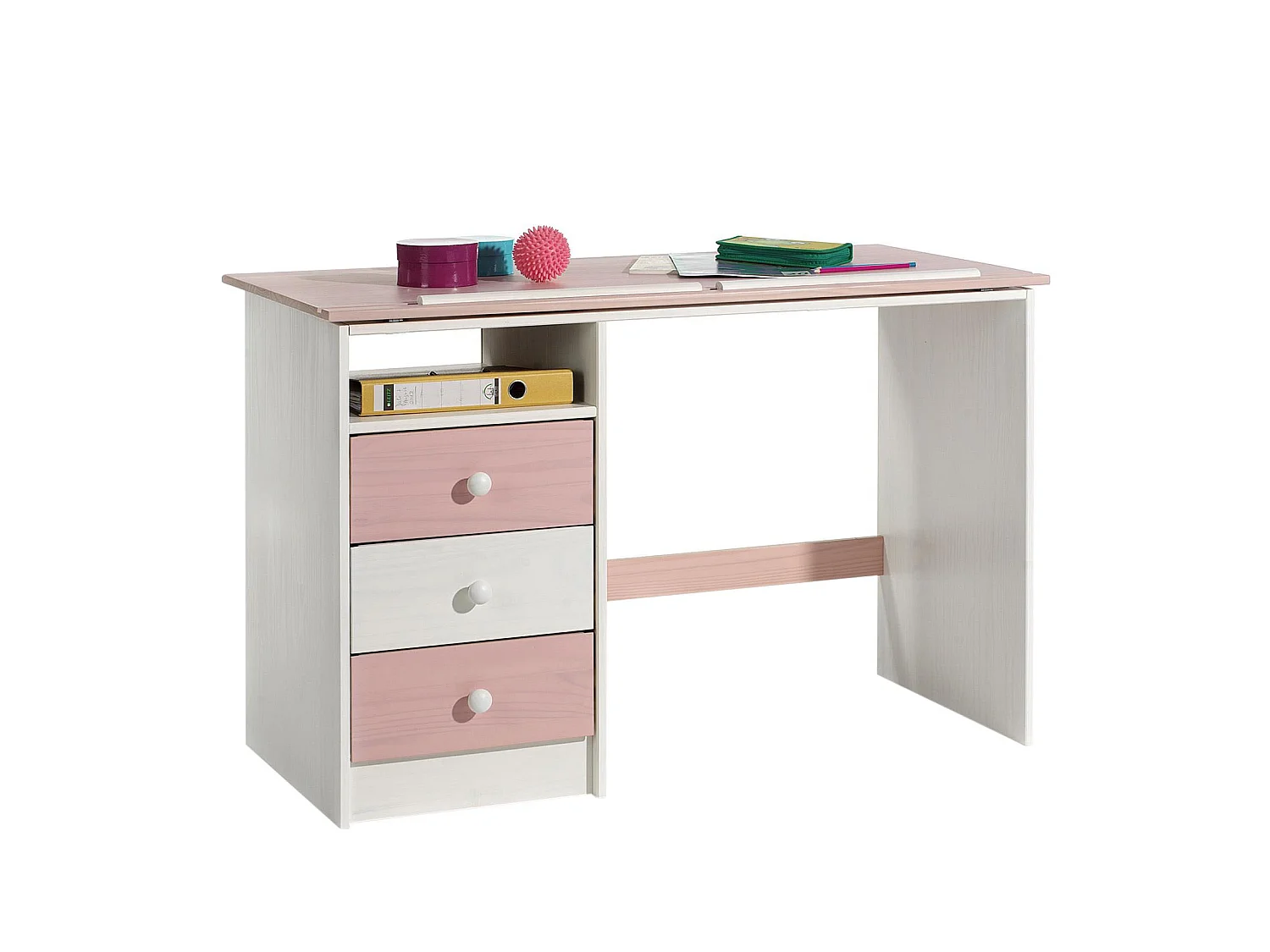 Bureau enfant écolier junior KEVIN pupitre inclinable avec 3 tiroirs 1 casier en pin massif lasuré blanc et rose