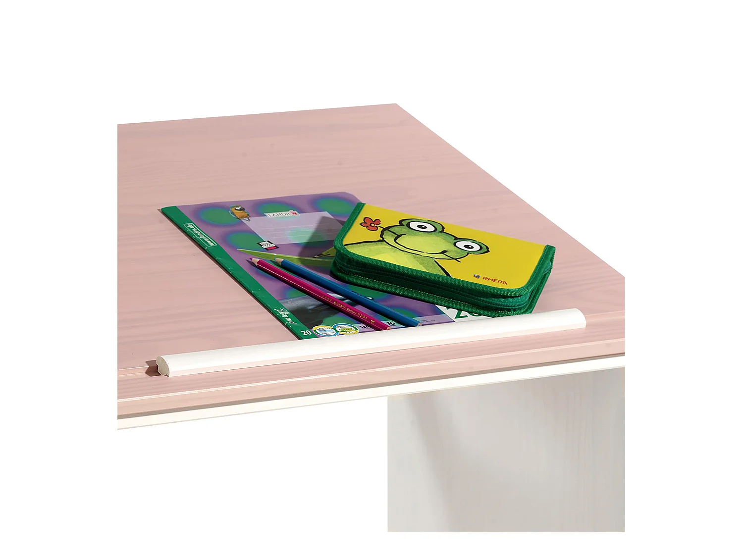 Bureau enfant écolier junior KEVIN pupitre inclinable avec 3 tiroirs 1 casier en pin massif lasuré blanc et rose