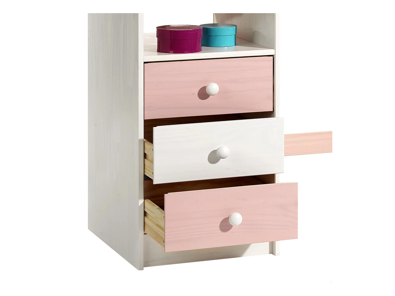 Bureau enfant écolier junior KEVIN pupitre inclinable avec 3 tiroirs 1 casier en pin massif lasuré blanc et rose