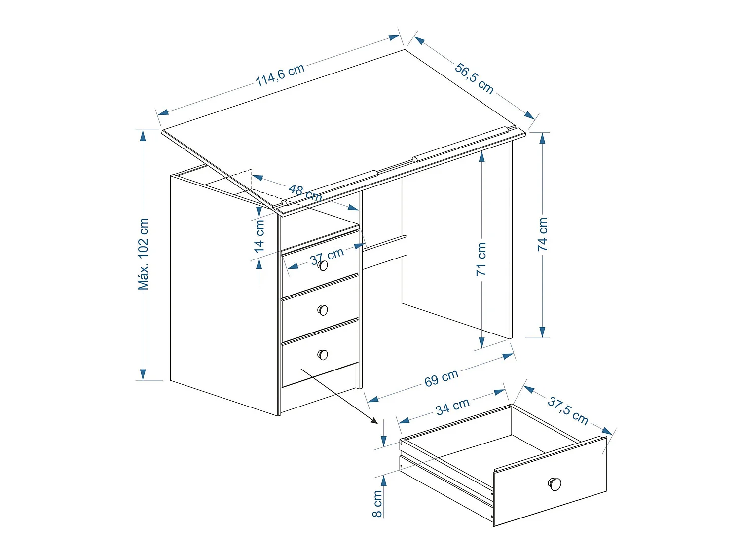 Bureau enfant écolier junior KEVIN pupitre inclinable avec 3 tiroirs 1 casier en pin massif lasuré blanc et rose