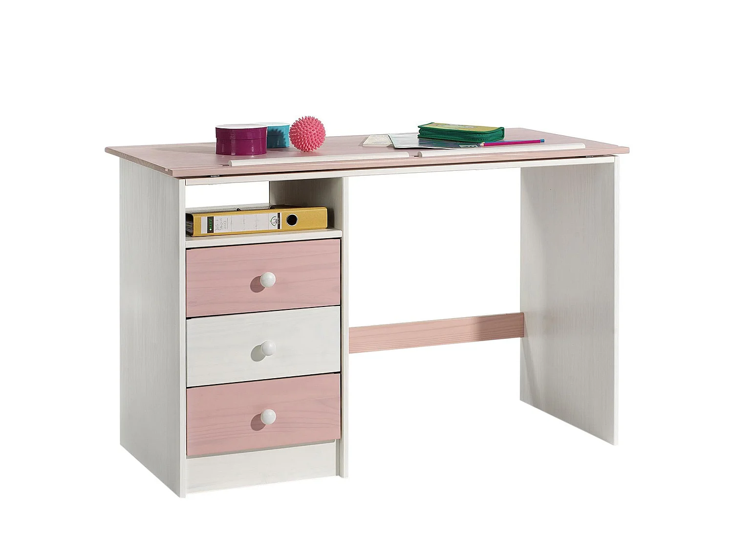 Bureau enfant écolier junior KEVIN pupitre inclinable avec 3 tiroirs 1 casier en pin massif lasuré blanc et rose
