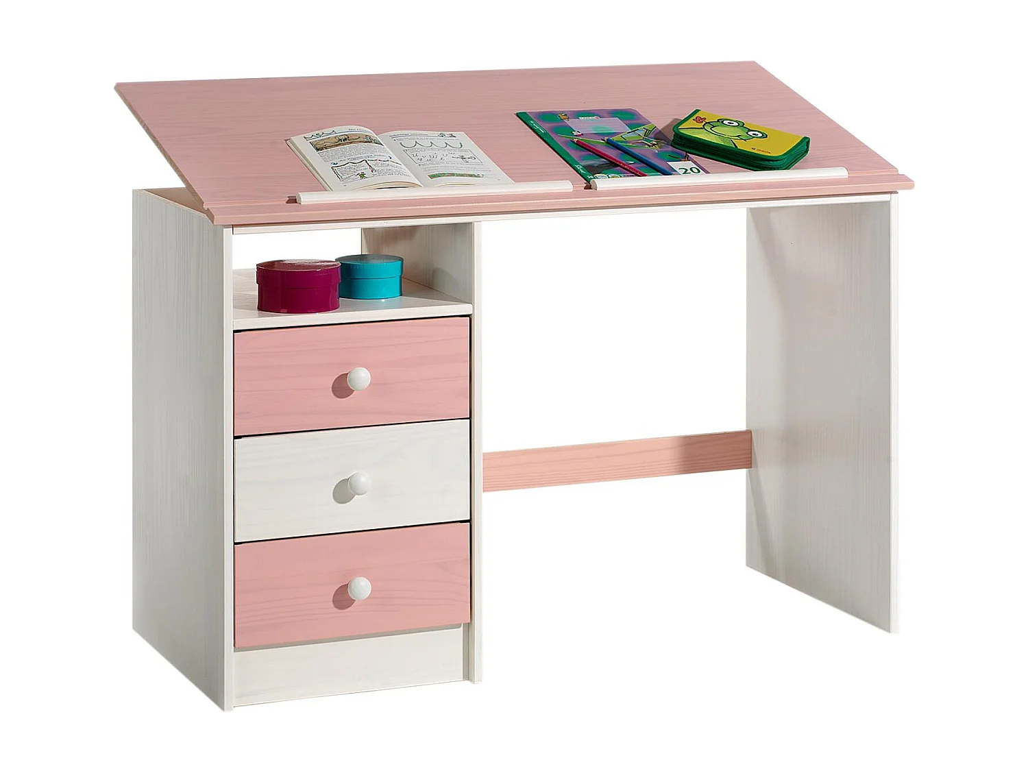 Bureau enfant écolier junior KEVIN pupitre inclinable avec 3 tiroirs 1 casier en pin massif lasuré blanc et rose