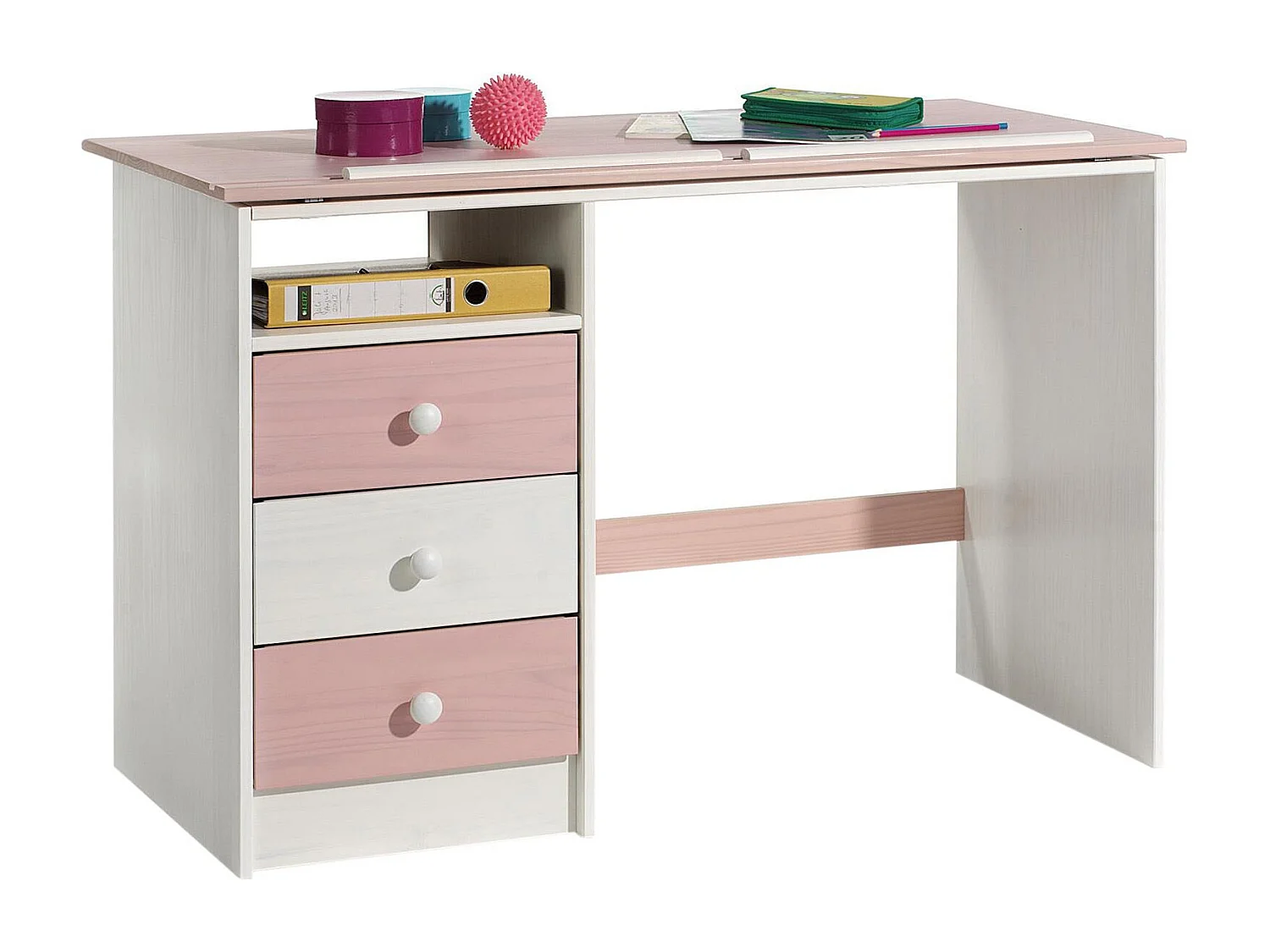 Bureau enfant écolier junior KEVIN pupitre inclinable avec 3 tiroirs 1 casier en pin massif lasuré blanc et rose