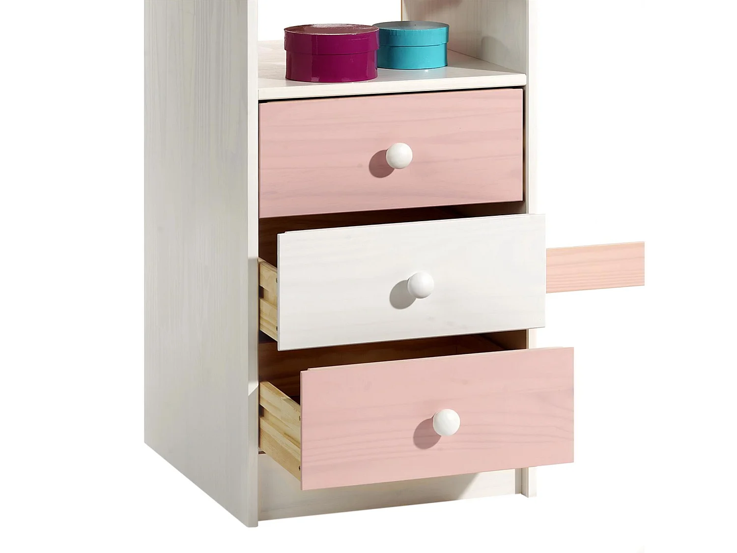 Bureau enfant écolier junior KEVIN pupitre inclinable avec 3 tiroirs 1 casier en pin massif lasuré blanc et rose