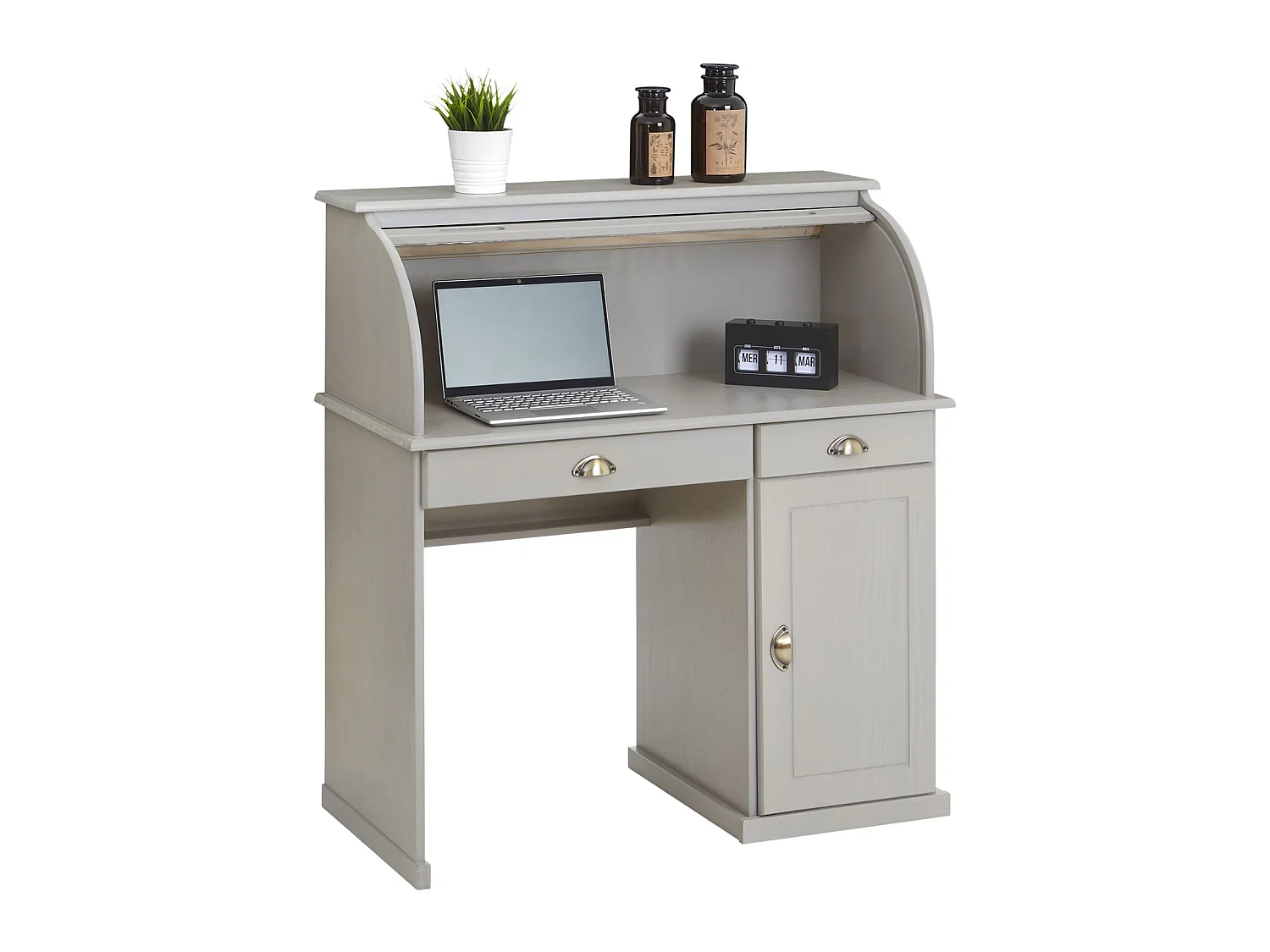 Bureau secrétaire TOM avec volet roulant rangement 2 tiroirs et 1 porte avec étagère, en pin massif lasuré gris
