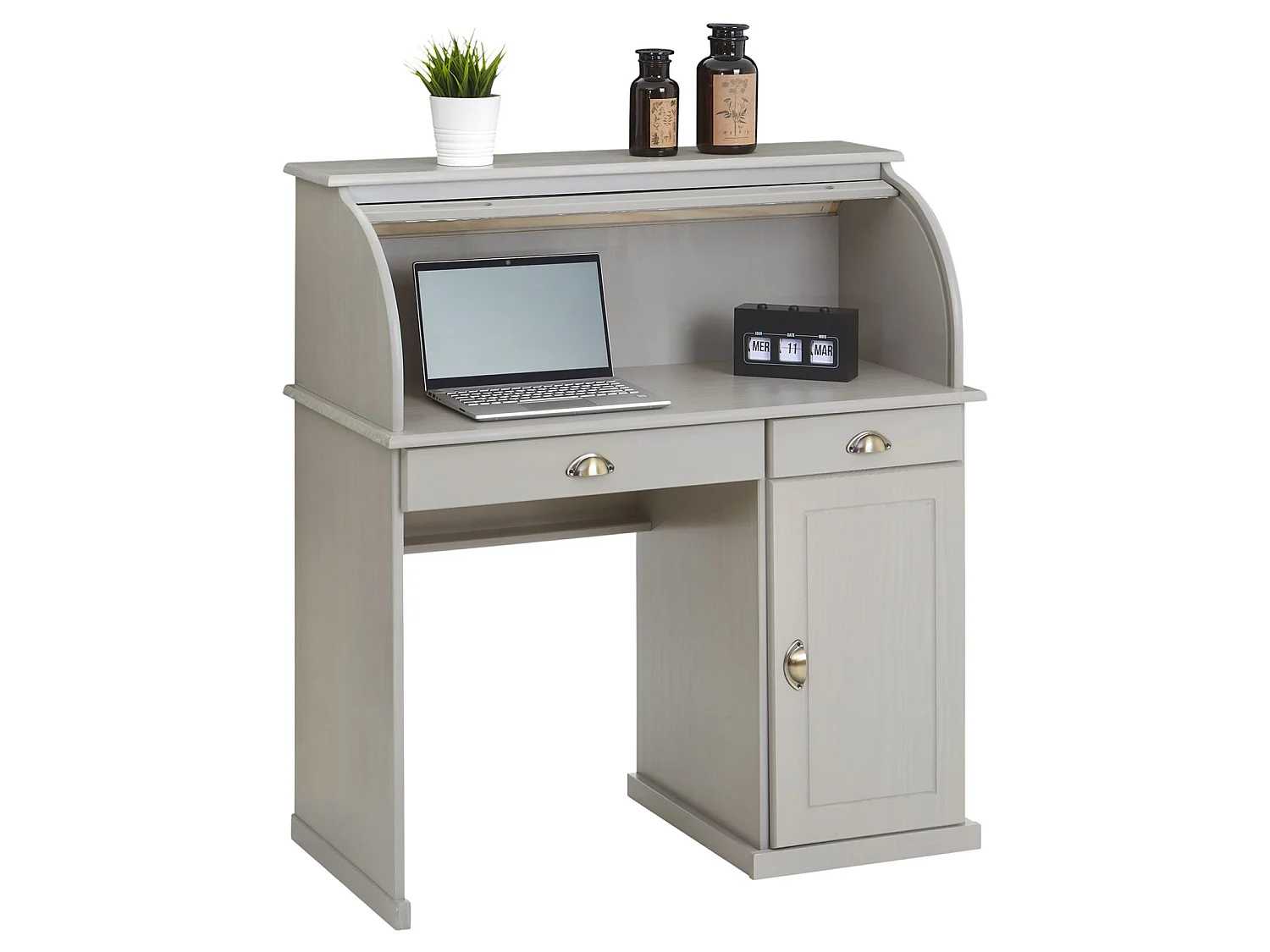 Bureau secrétaire TOM avec volet roulant rangement 2 tiroirs et 1 porte avec étagère, en pin massif lasuré gris
