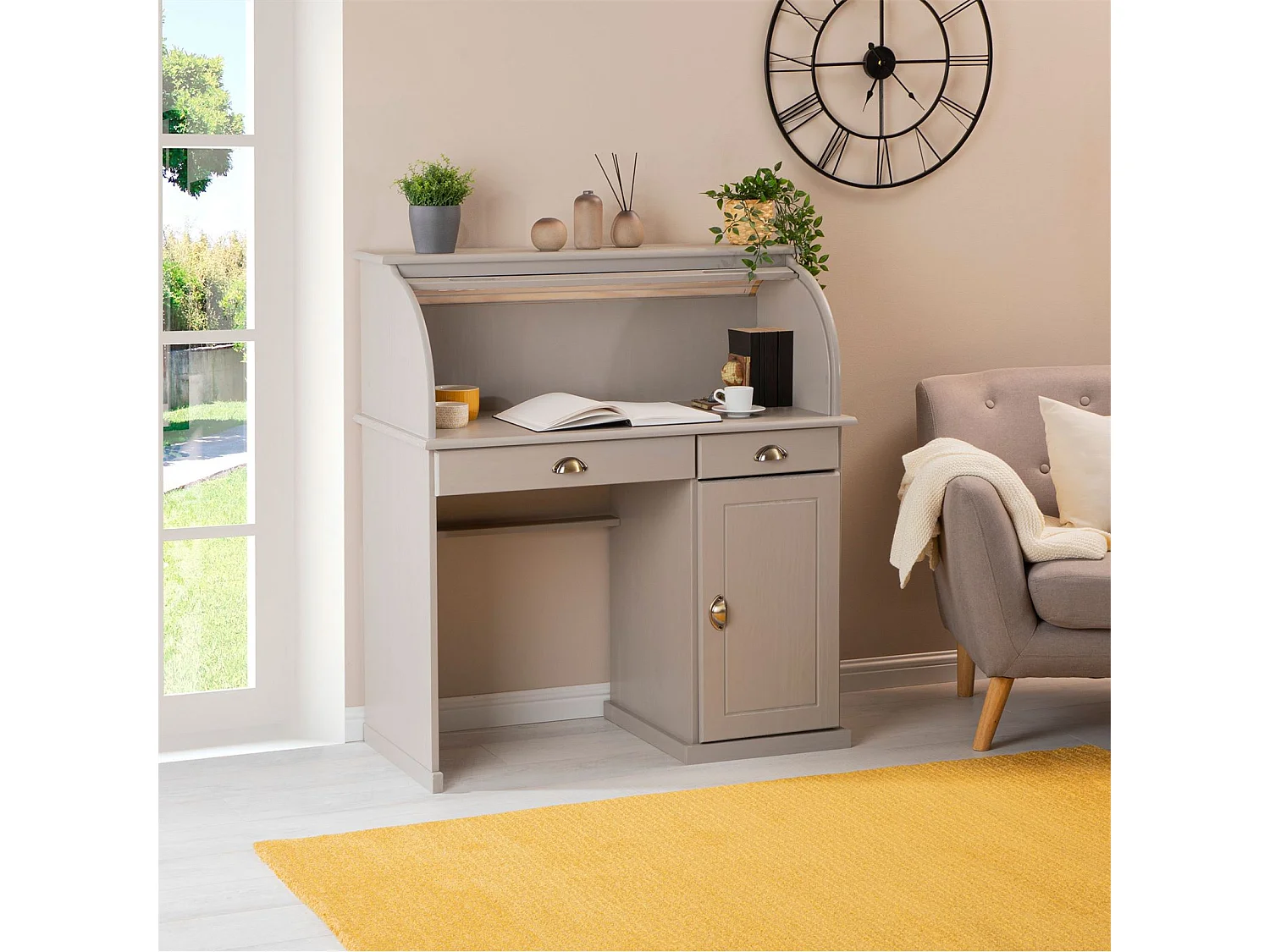 Bureau secrétaire TOM avec volet roulant rangement 2 tiroirs et 1 porte avec étagère, en pin massif lasuré gris