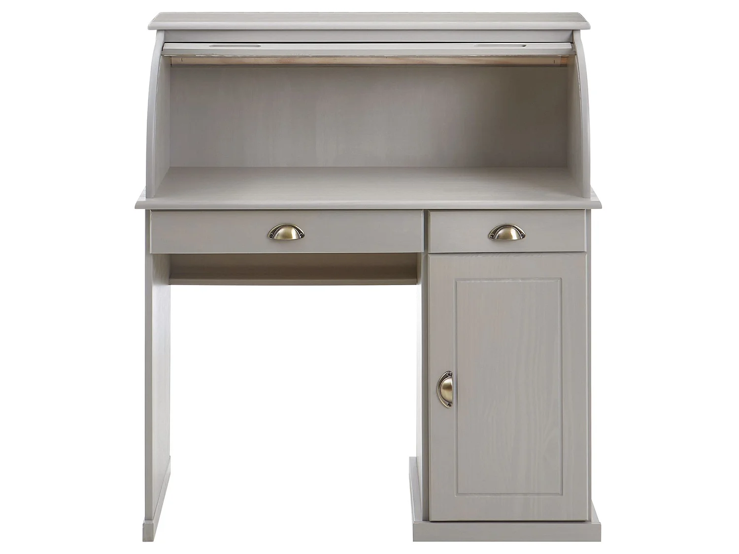 Bureau secrétaire TOM avec volet roulant rangement 2 tiroirs et 1 porte avec étagère, en pin massif lasuré gris