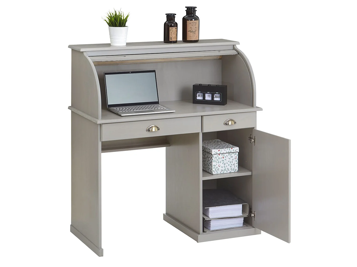 Bureau secrétaire TOM avec volet roulant rangement 2 tiroirs et 1 porte avec étagère, en pin massif lasuré gris