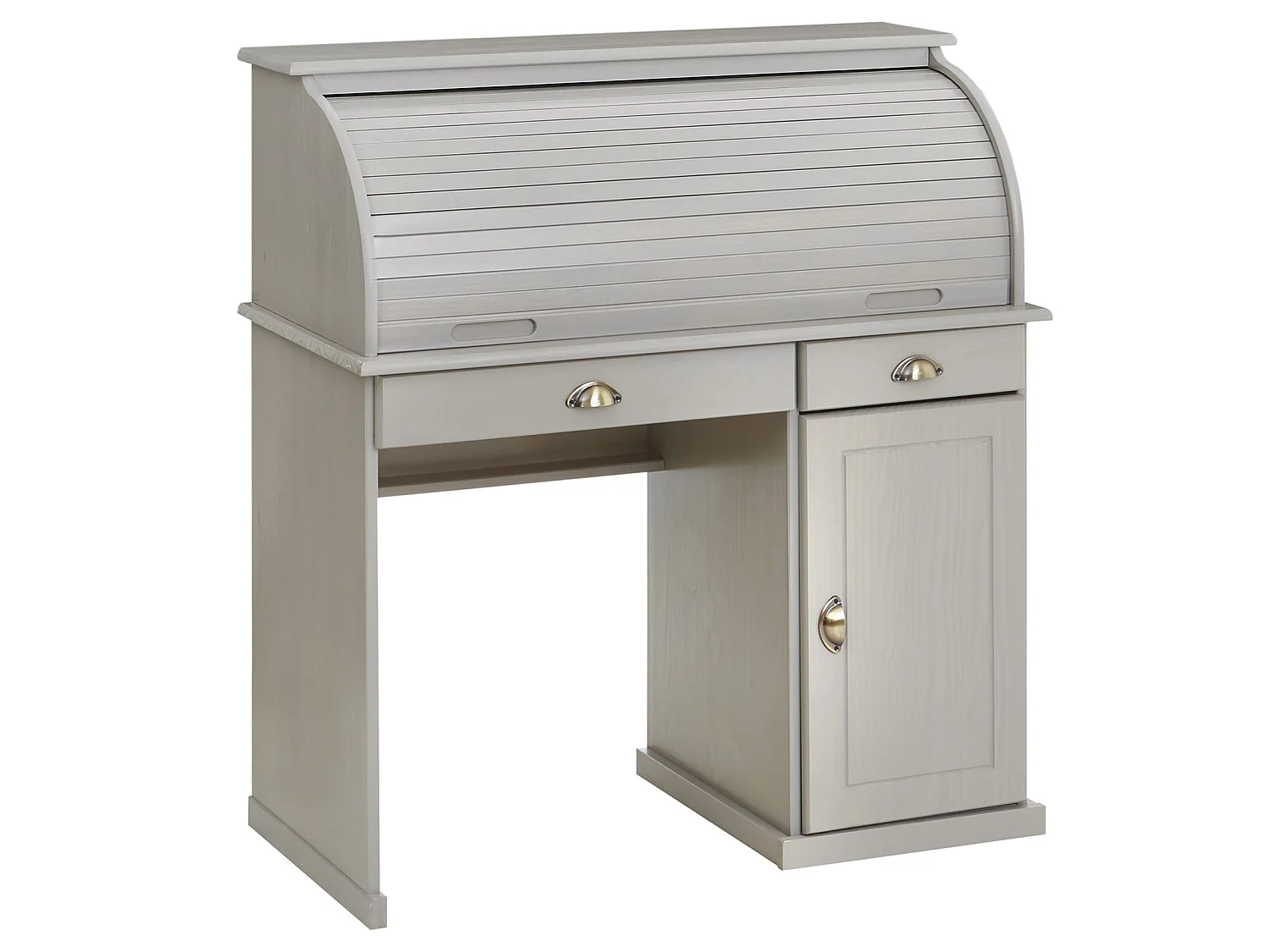 Bureau secrétaire TOM avec volet roulant rangement 2 tiroirs et 1 porte avec étagère, en pin massif lasuré gris