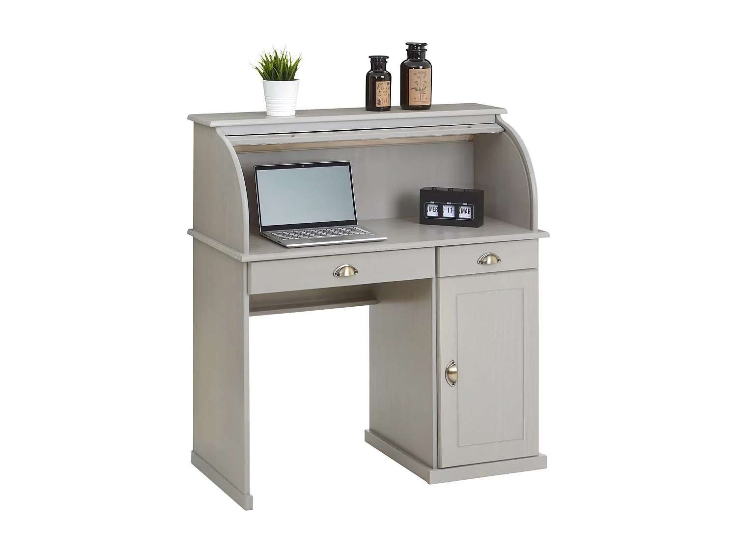 Bureau secrétaire TOM avec volet roulant rangement 2 tiroirs et 1 porte avec étagère, en pin massif lasuré gris