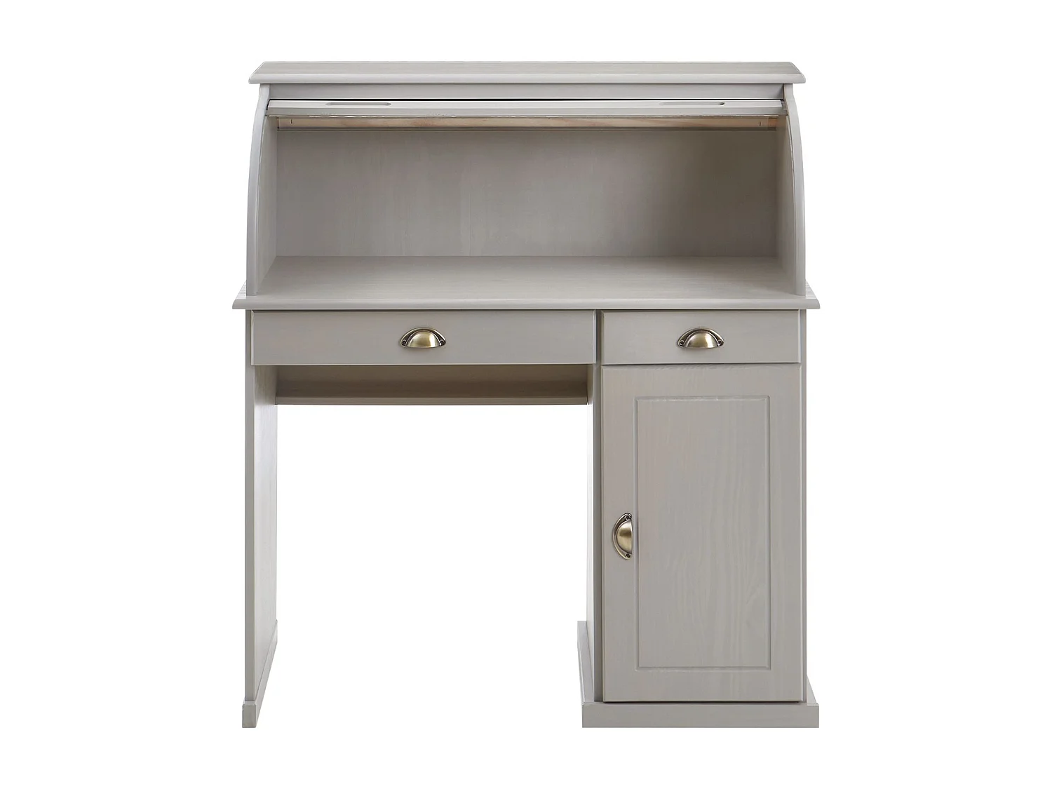 Bureau secrétaire TOM avec volet roulant rangement 2 tiroirs et 1 porte avec étagère, en pin massif lasuré gris