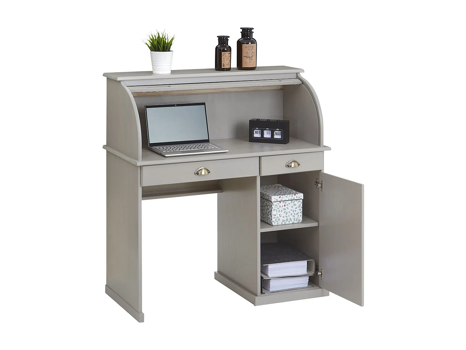 Bureau secrétaire TOM avec volet roulant rangement 2 tiroirs et 1 porte avec étagère, en pin massif lasuré gris