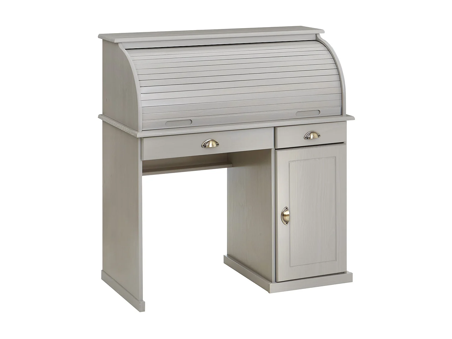 Bureau secrétaire TOM avec volet roulant rangement 2 tiroirs et 1 porte avec étagère, en pin massif lasuré gris