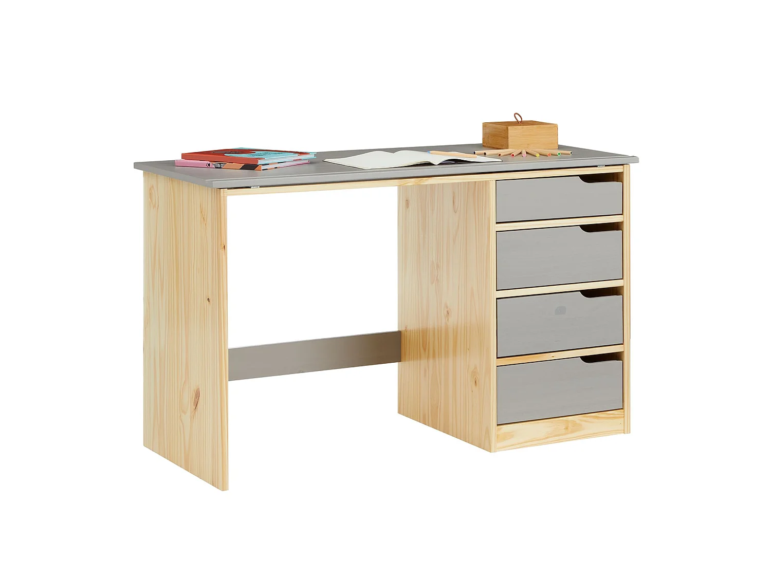 Bureau enfant écolier junior EMMA pupitre inclinable avec 4 tiroirs en pin massif, naturel et lasuré gris