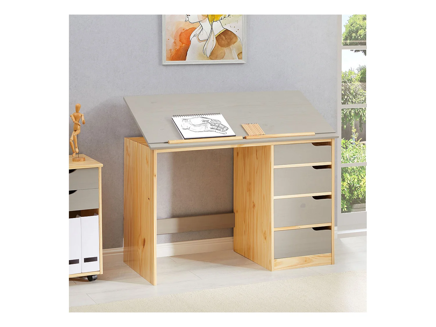 Bureau enfant écolier junior EMMA pupitre inclinable avec 4 tiroirs en pin massif, naturel et lasuré gris