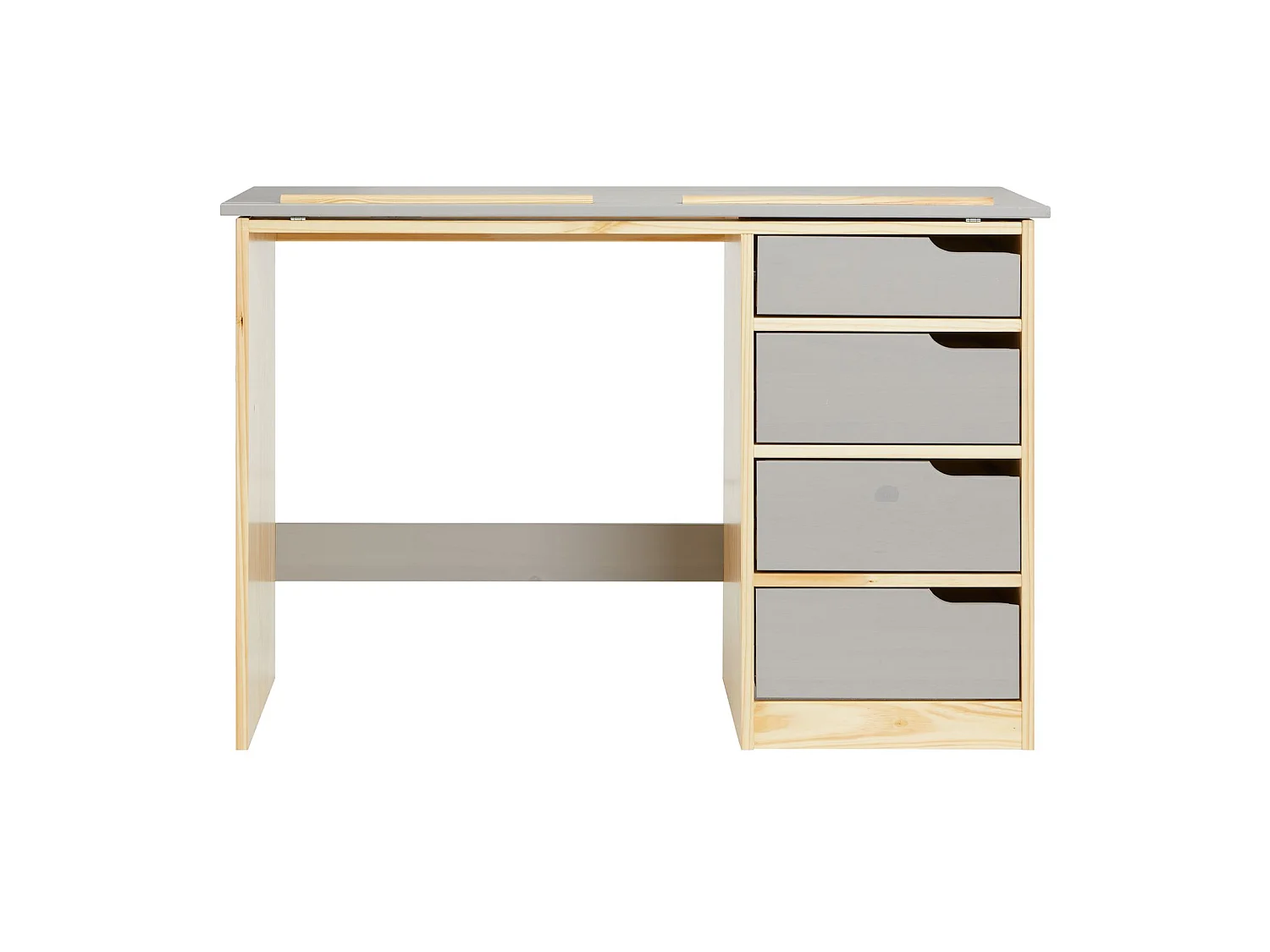 Bureau enfant écolier junior EMMA pupitre inclinable avec 4 tiroirs en pin massif, naturel et lasuré gris