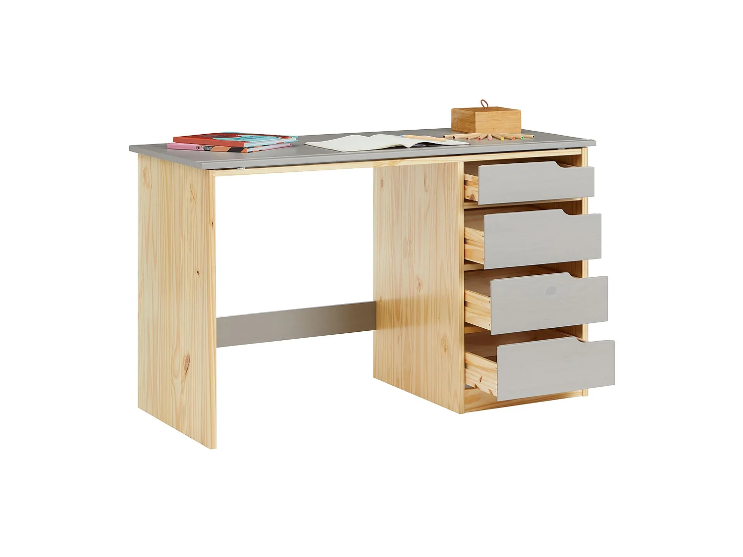 Bureau enfant écolier junior EMMA pupitre inclinable avec 4 tiroirs en pin massif, naturel et lasuré gris