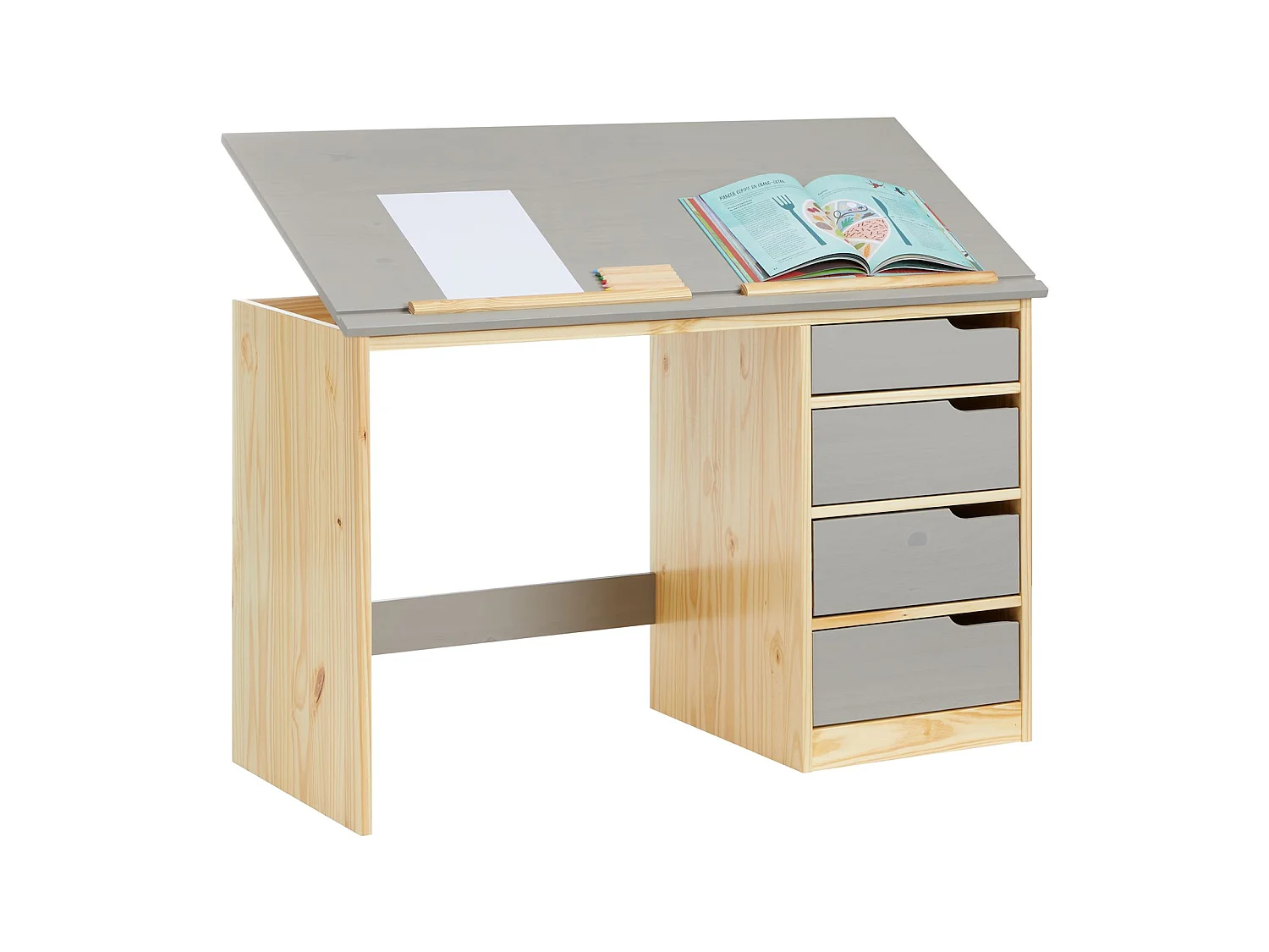 Bureau enfant écolier junior EMMA pupitre inclinable avec 4 tiroirs en pin massif, naturel et lasuré gris
