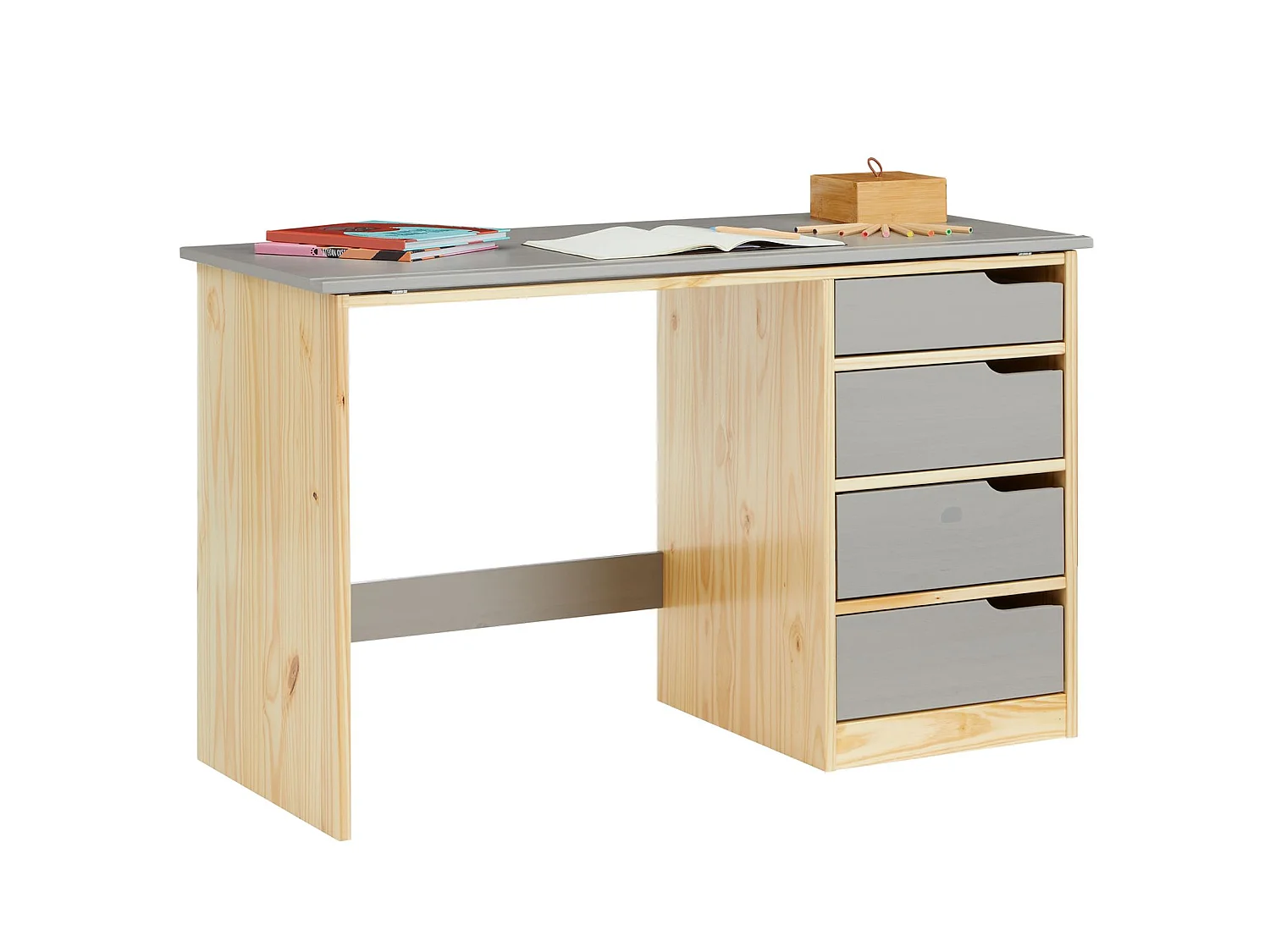 Bureau enfant écolier junior EMMA pupitre inclinable avec 4 tiroirs en pin massif, naturel et lasuré gris