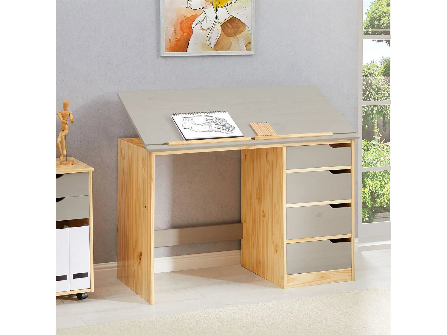 Bureau enfant écolier junior EMMA pupitre inclinable avec 4 tiroirs en pin massif, naturel et lasuré gris