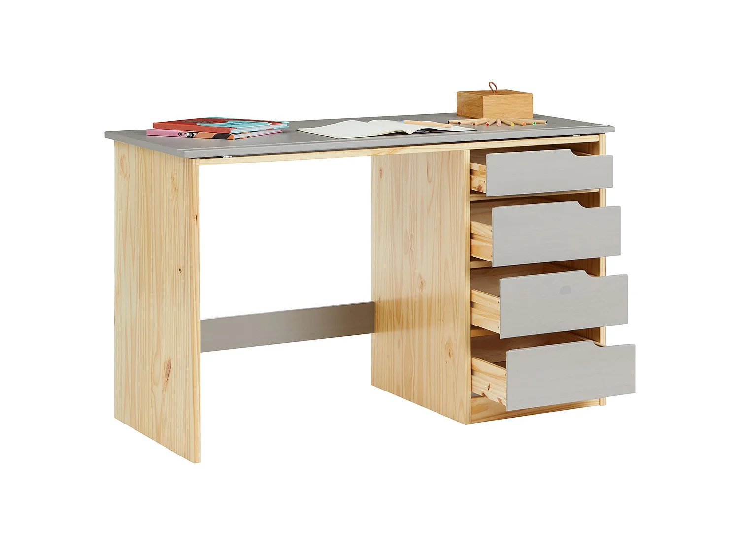 Bureau enfant écolier junior EMMA pupitre inclinable avec 4 tiroirs en pin massif, naturel et lasuré gris
