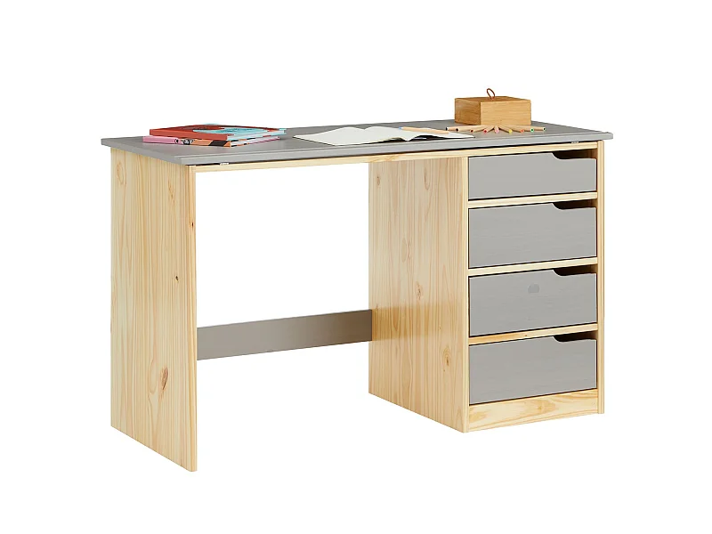 Bureau enfant écolier junior EMMA pupitre inclinable avec 4 tiroirs en pin massif, naturel et lasuré gris
