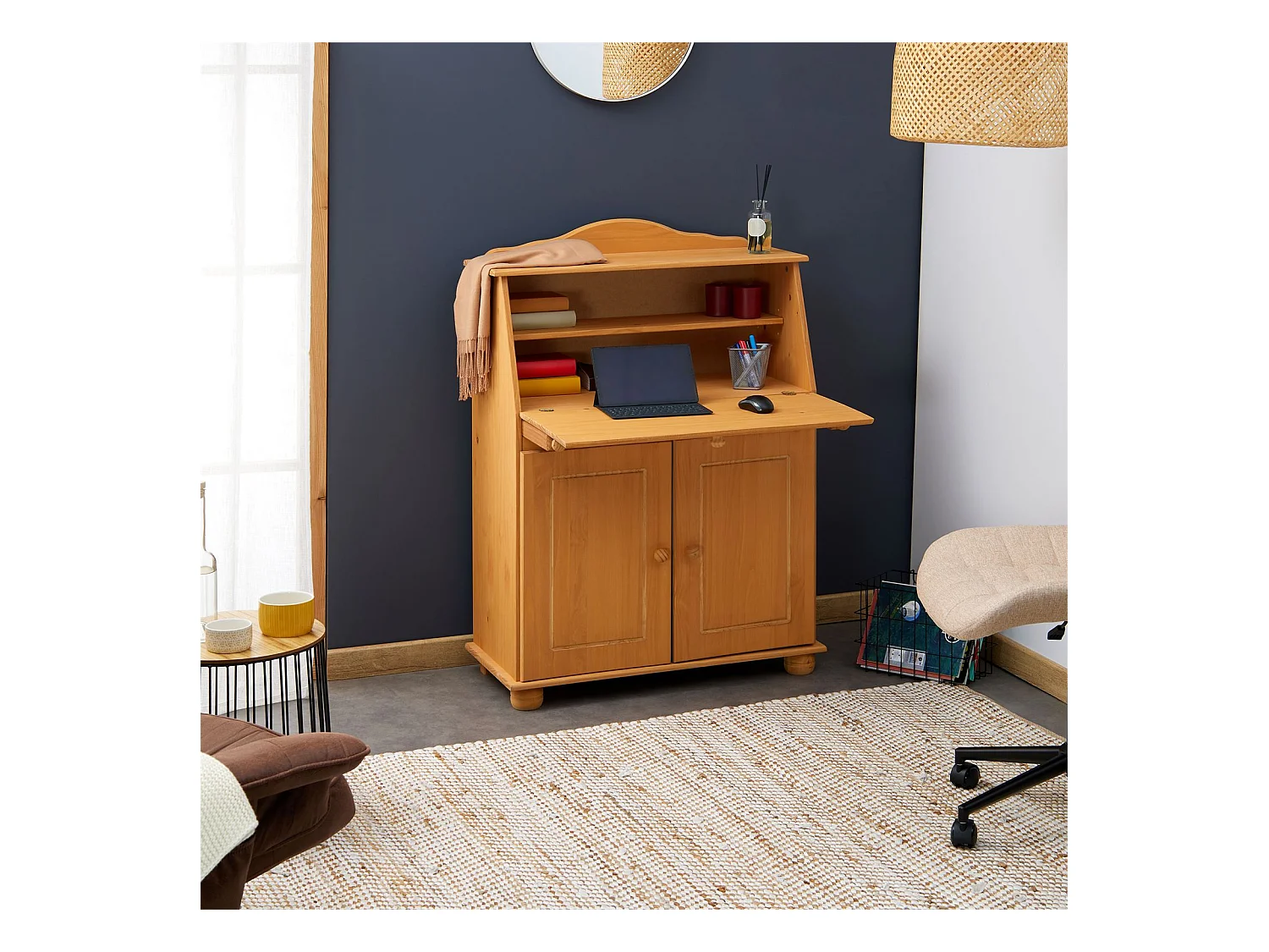 Bureau secrétaire DAVID avec abattant rangement plusieurs étagères 2 portes plan de travail rabattable, en pin massif teinté et ciré