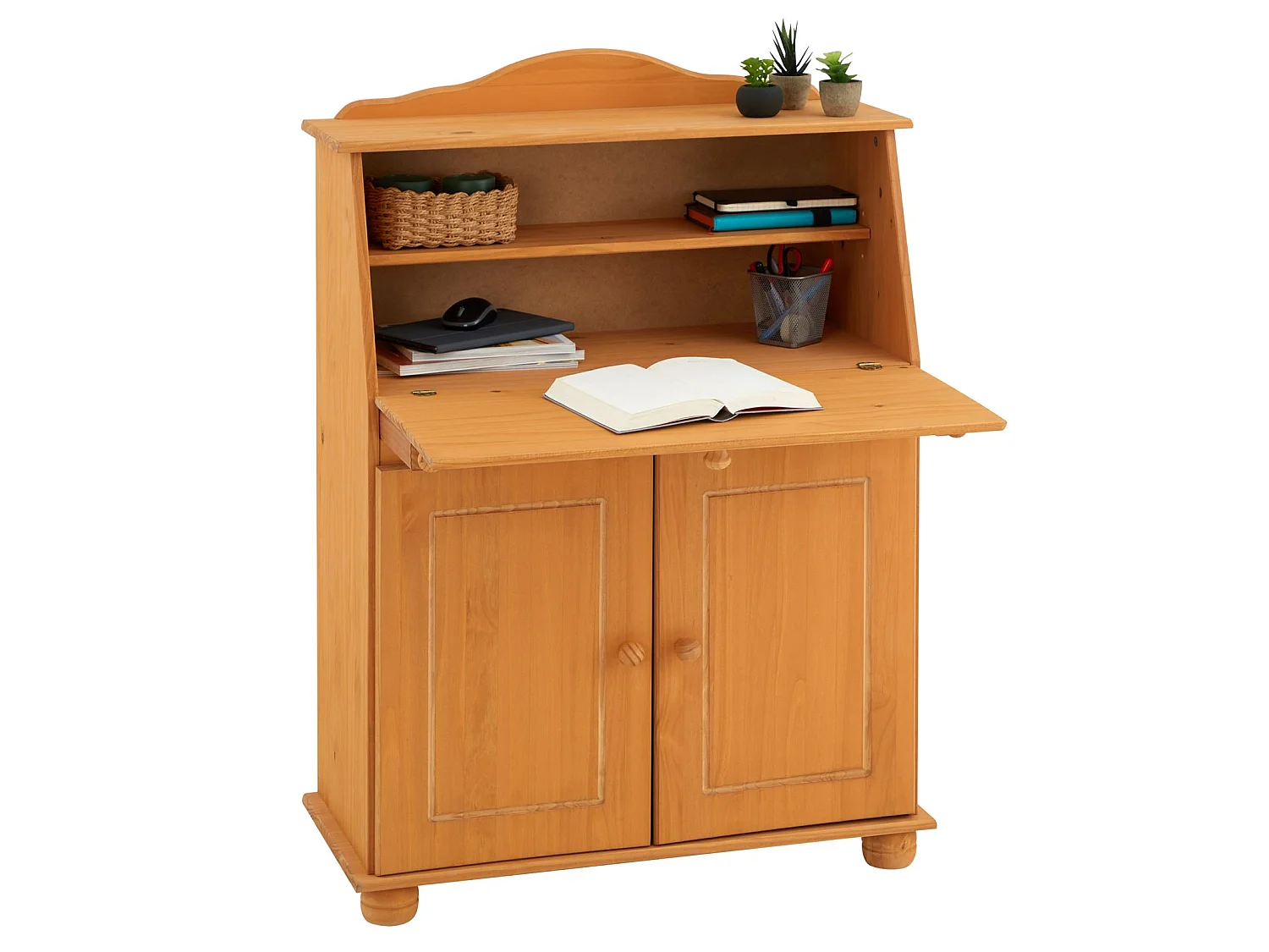 Bureau secrétaire DAVID avec abattant rangement plusieurs étagères 2 portes plan de travail rabattable, en pin massif teinté et ciré