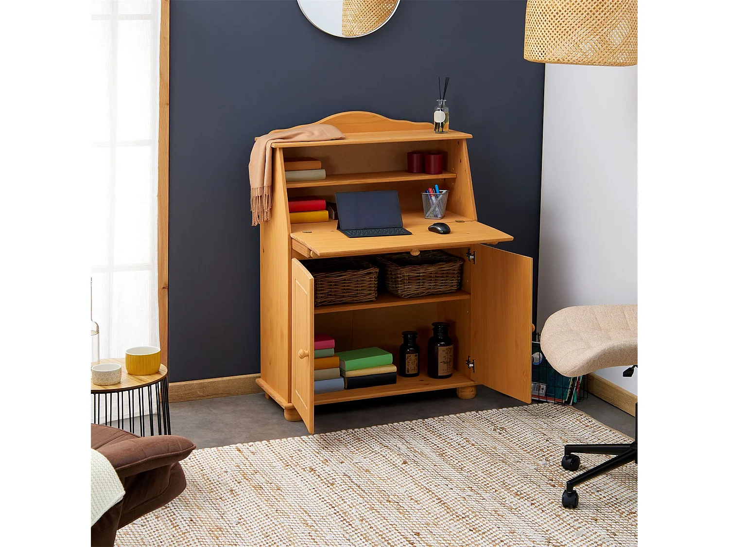 Bureau secrétaire DAVID avec abattant rangement plusieurs étagères 2 portes plan de travail rabattable, en pin massif teinté et ciré