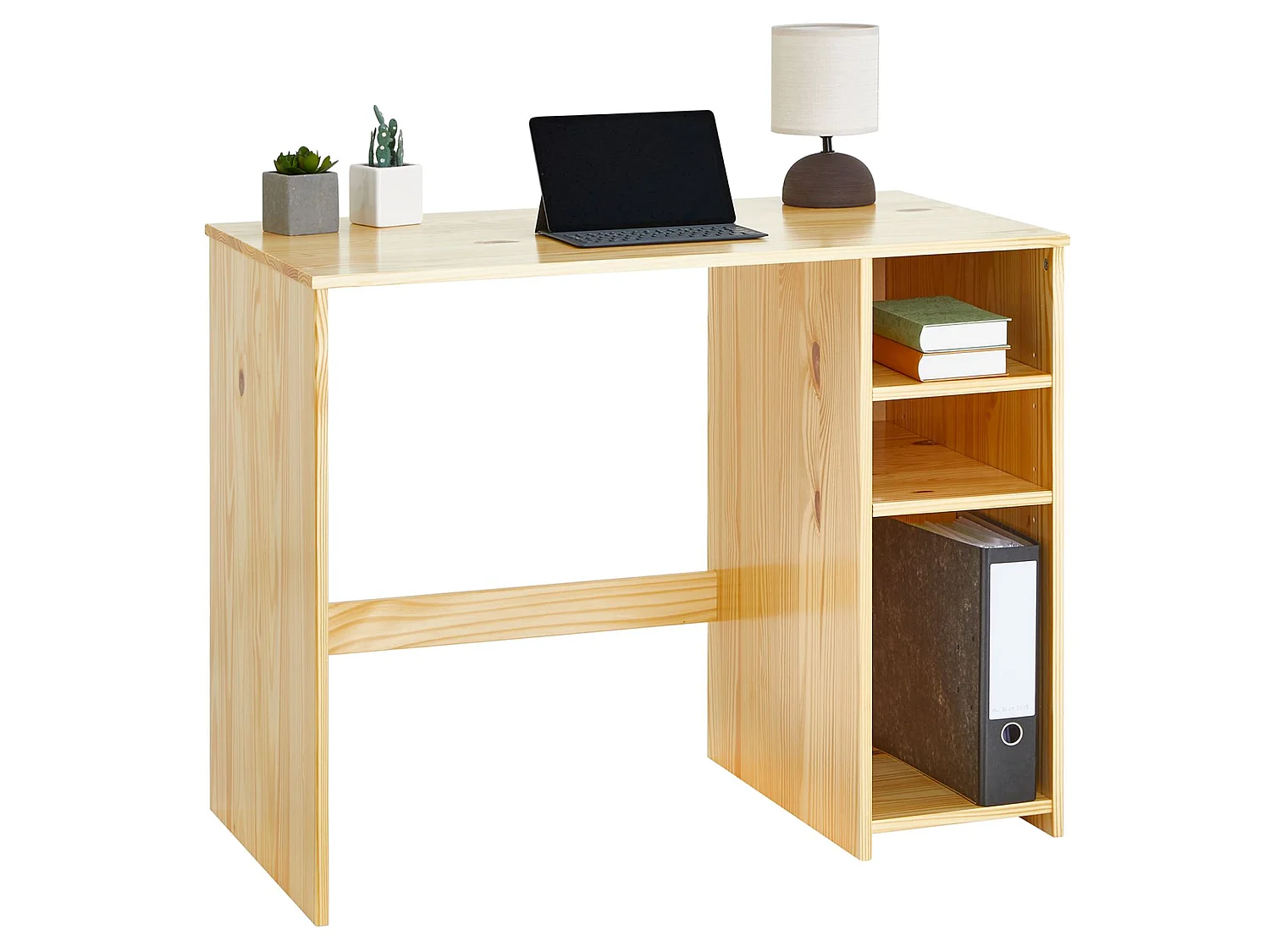Bureau LIAM avec rangement caisson avec 2 étagères réglables en hauteur, en pin massif recouvetr d'un vernis naturel