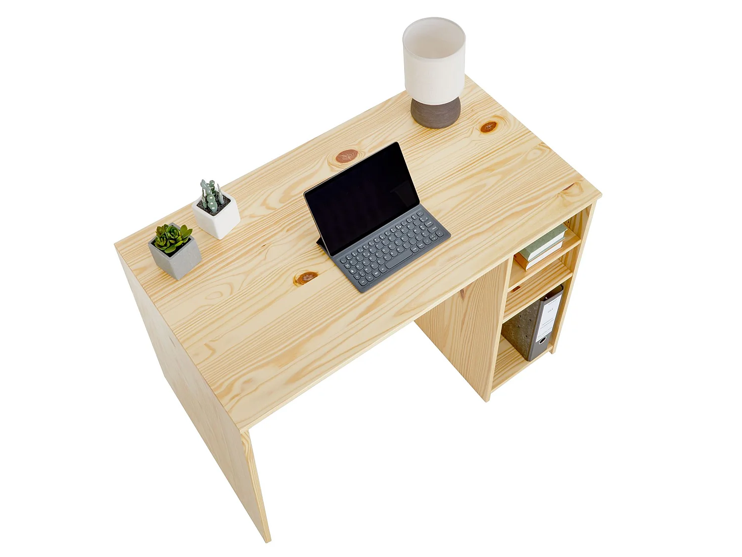 Bureau LIAM avec rangement caisson avec 2 étagères réglables en hauteur, en pin massif recouvetr d'un vernis naturel